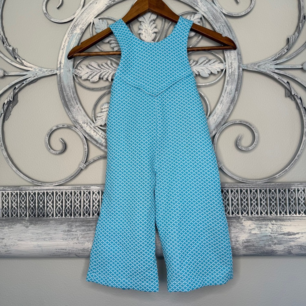 Vintage Homemade Turquoise Diamond‎ Lattice Cross Back Jumpsuit 3-6 Months EUC